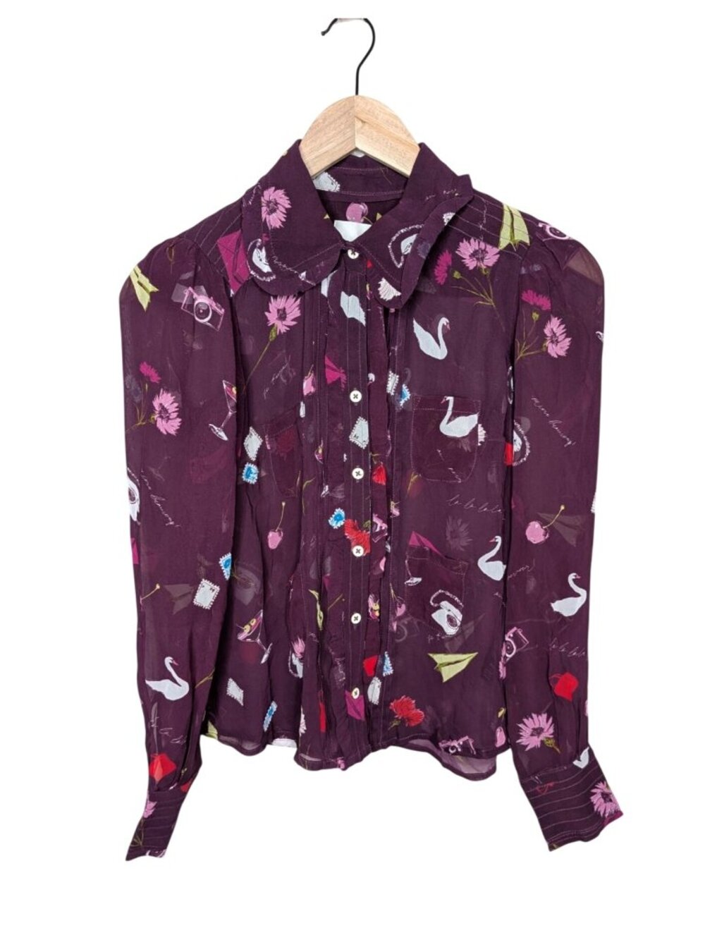 Danielle Kroll x Maeve Plum Sheer Button-Down Swan Martini Print XXS